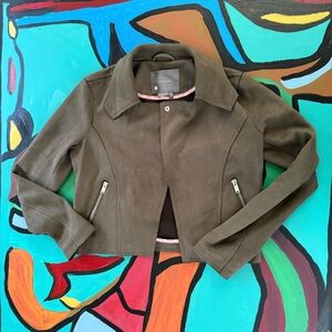 Anthropologie Olive Green Faux Suede Jacket with Zipper Details